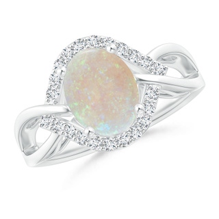 9x7mm AA Oval-Shaped Opal Entangled Split Shank Ring with Diamond Halo in White Gold
