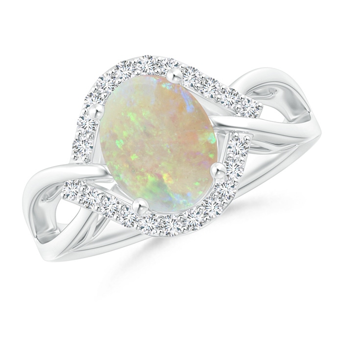 9x7mm AAA Oval-Shaped Opal Entangled Split Shank Ring with Diamond Halo in White Gold 