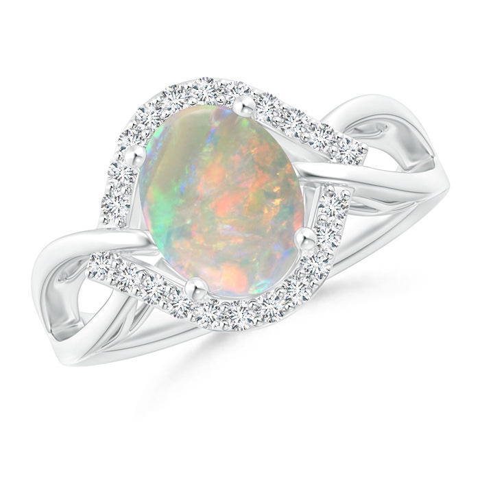 9x7mm AAAA Oval-Shaped Opal Entangled Split Shank Ring with Diamond Halo in White Gold