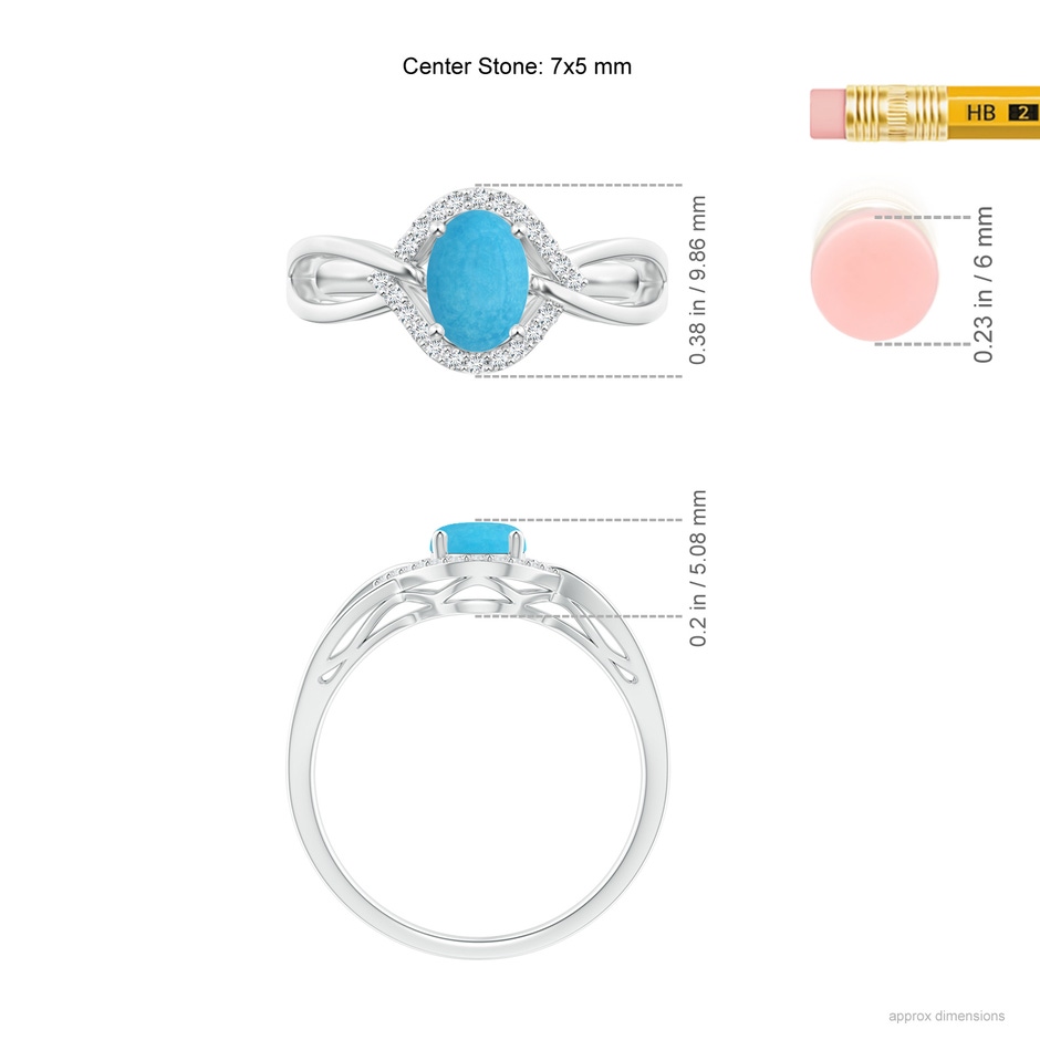 7x5mm A Oval-Shaped Turquoise Entangled Split Shank Ring with Halo in White Gold ruler