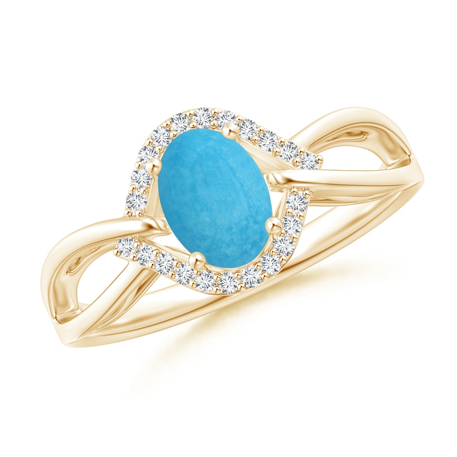 7x5mm A Oval-Shaped Turquoise Entangled Split Shank Ring with Halo in Yellow Gold 