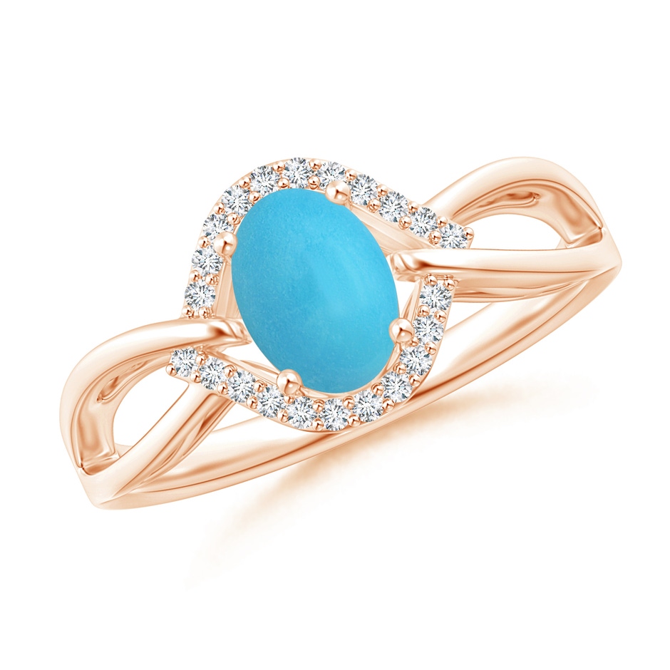 7x5mm AA Oval-Shaped Turquoise Entangled Split Shank Ring with Halo in Rose Gold 