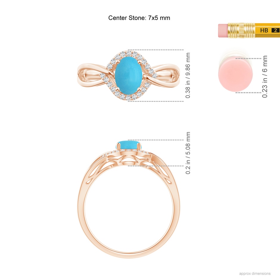 7x5mm AA Oval-Shaped Turquoise Entangled Split Shank Ring with Halo in Rose Gold ruler