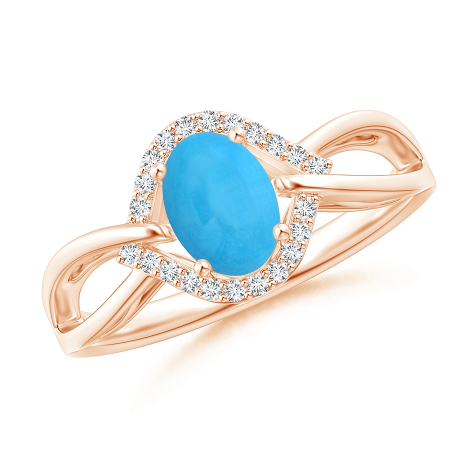 7x5mm AAA Oval-Shaped Turquoise Entangled Split Shank Ring with Halo in Rose Gold 