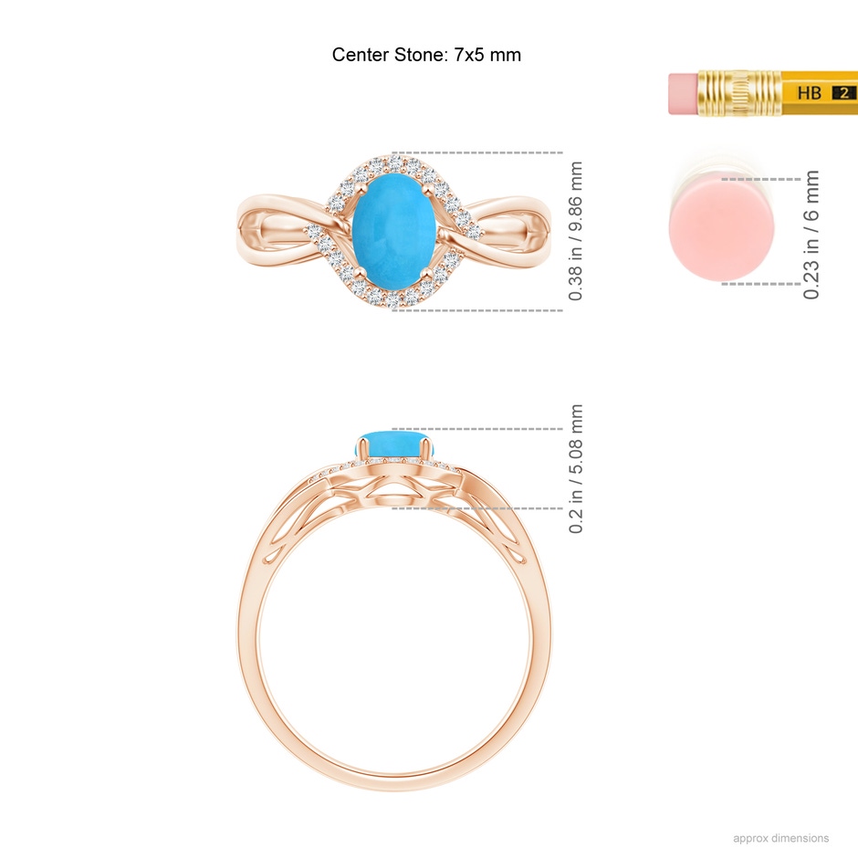 7x5mm AAA Oval-Shaped Turquoise Entangled Split Shank Ring with Halo in Rose Gold ruler