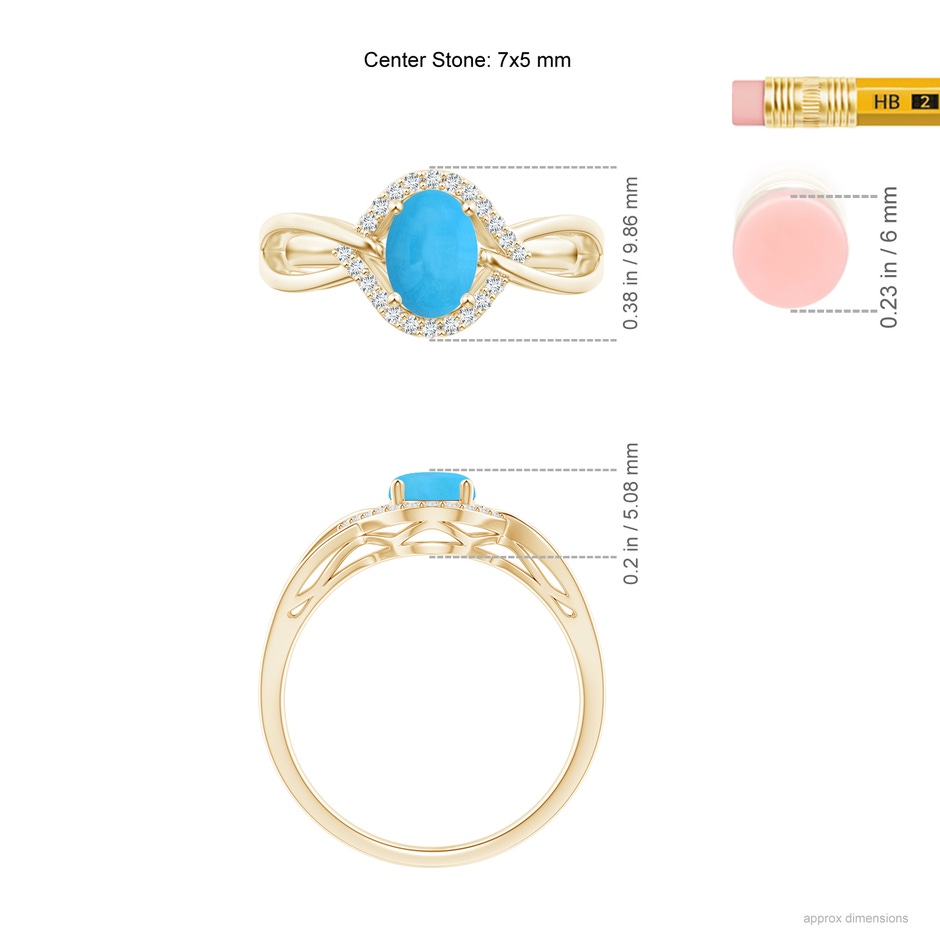 7x5mm AAA Oval-Shaped Turquoise Entangled Split Shank Ring with Halo in Yellow Gold ruler
