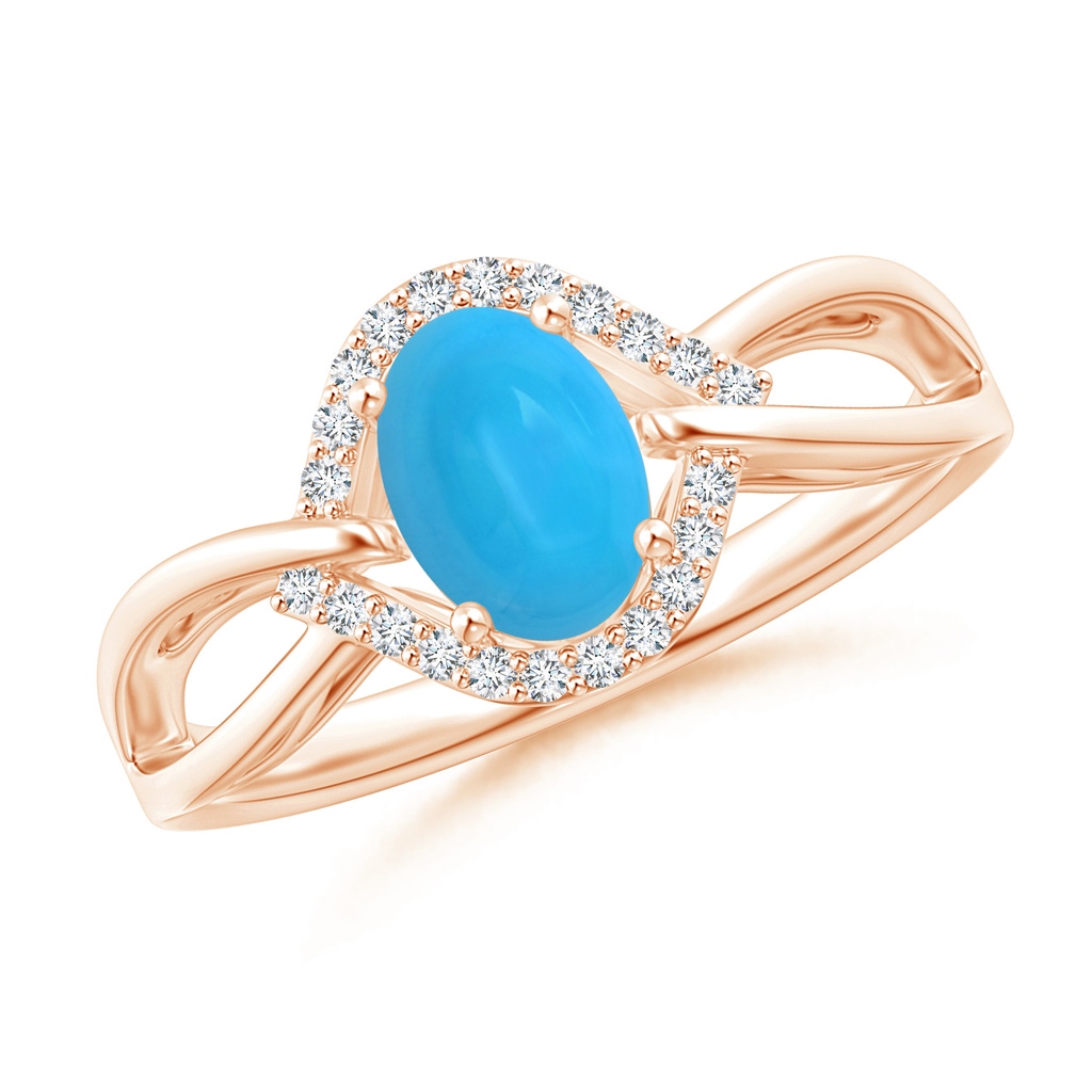 7x5mm AAAA Oval-Shaped Turquoise Entangled Split Shank Ring with Halo in Rose Gold