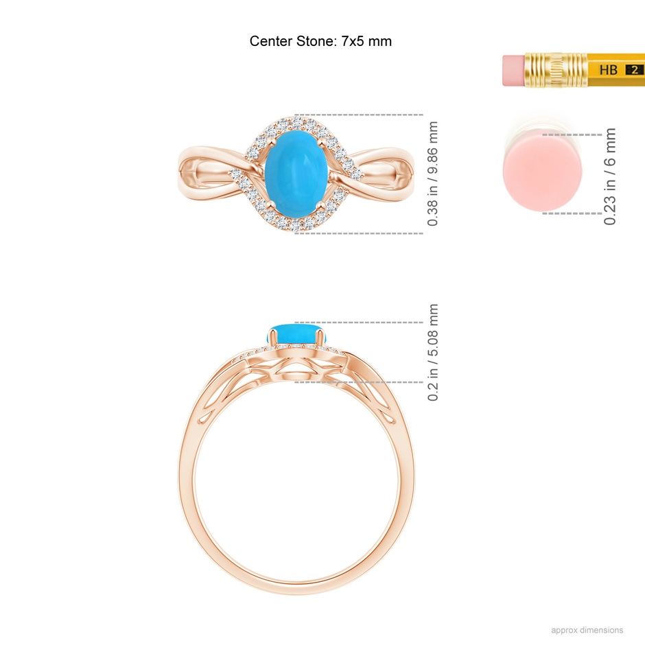 7x5mm AAAA Oval-Shaped Turquoise Entangled Split Shank Ring with Halo in Rose Gold ruler