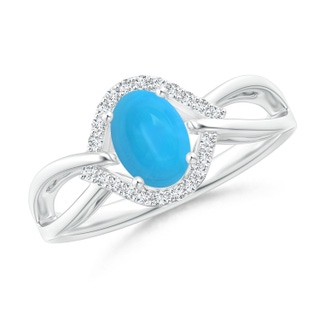 7x5mm AAAA Oval-Shaped Turquoise Entangled Split Shank Ring with Halo in White Gold