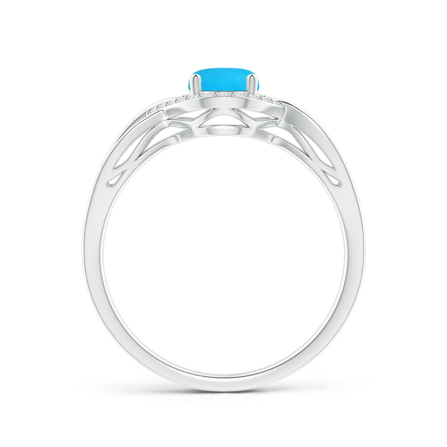 7x5mm AAAA Oval-Shaped Turquoise Entangled Split Shank Ring with Halo in White Gold - side 3