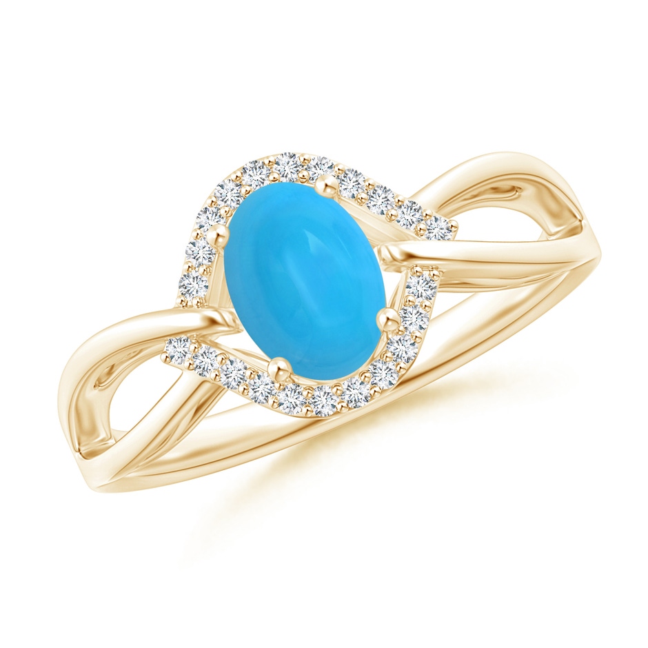 7x5mm AAAA Oval-Shaped Turquoise Entangled Split Shank Ring with Halo in Yellow Gold 