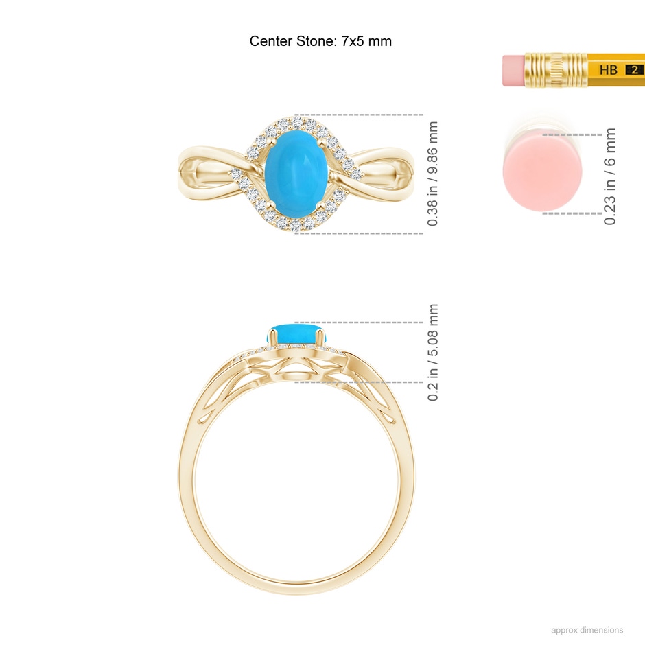 7x5mm AAAA Oval-Shaped Turquoise Entangled Split Shank Ring with Halo in Yellow Gold ruler