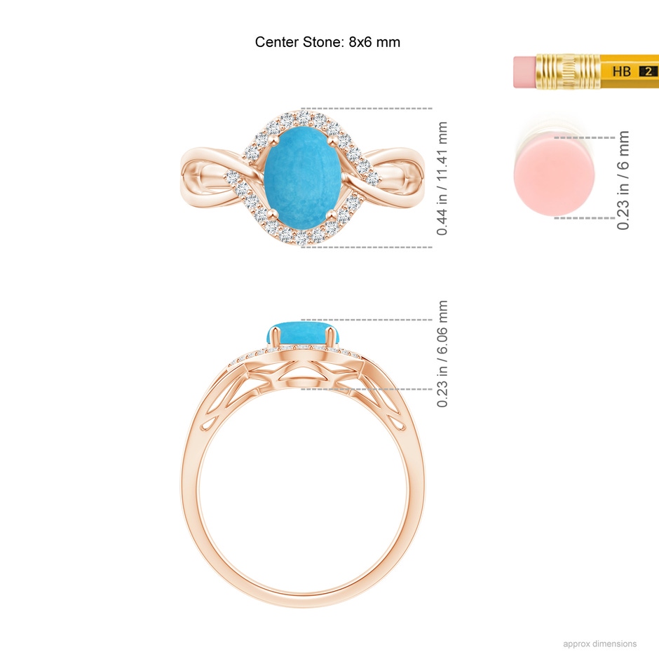 8x6mm A Oval-Shaped Turquoise Entangled Split Shank Ring with Halo in Rose Gold ruler