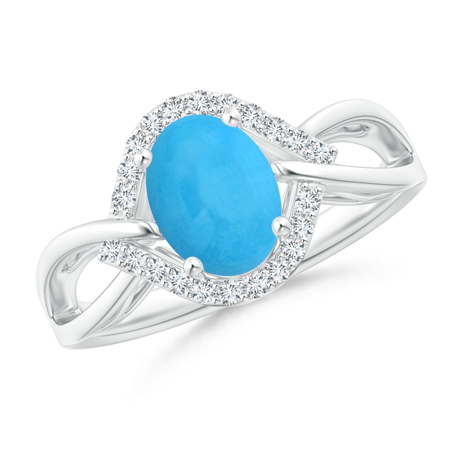 8x6mm AAA Oval-Shaped Turquoise Entangled Split Shank Ring with Halo in White Gold 