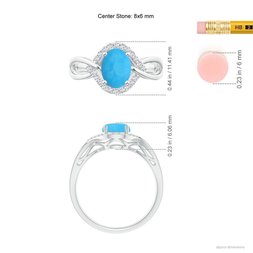 8x6mm AAA Oval-Shaped Turquoise Entangled Split Shank Ring with Halo in White Gold Ruler