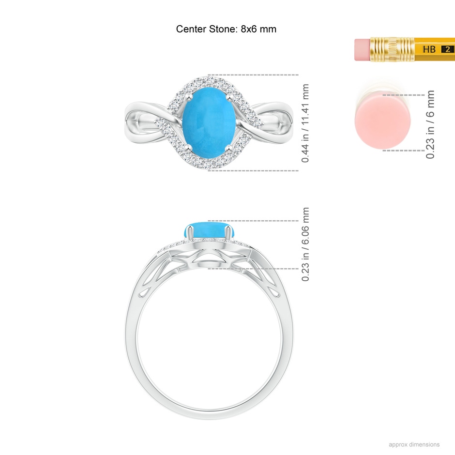 8x6mm AAA Oval-Shaped Turquoise Entangled Split Shank Ring with Halo in White Gold ruler