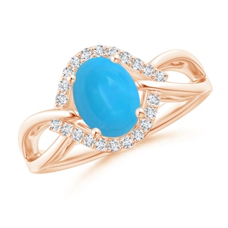 8x6mm AAAA Oval-Shaped Turquoise Entangled Split Shank Ring with Halo in Rose Gold