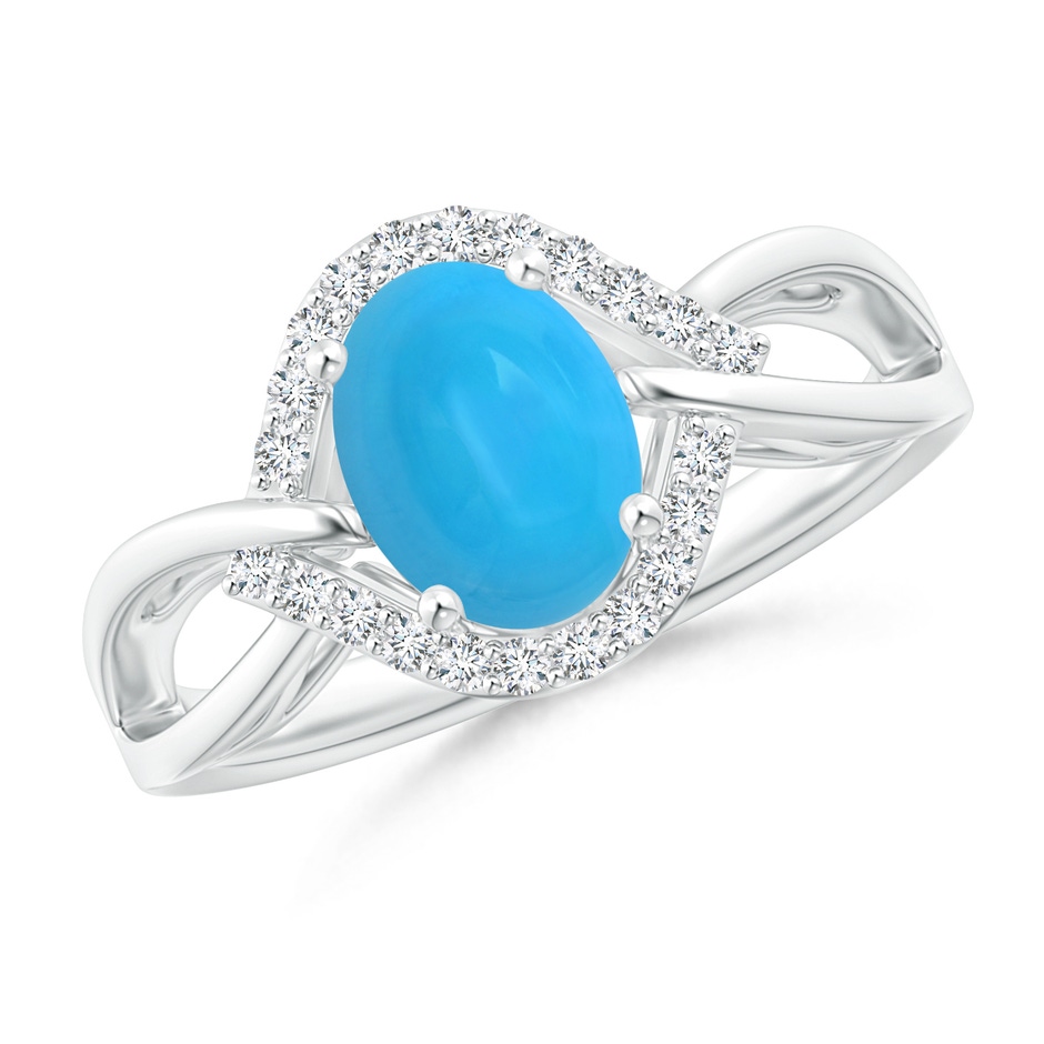8x6mm AAAA Oval-Shaped Turquoise Entangled Split Shank Ring with Halo in White Gold 