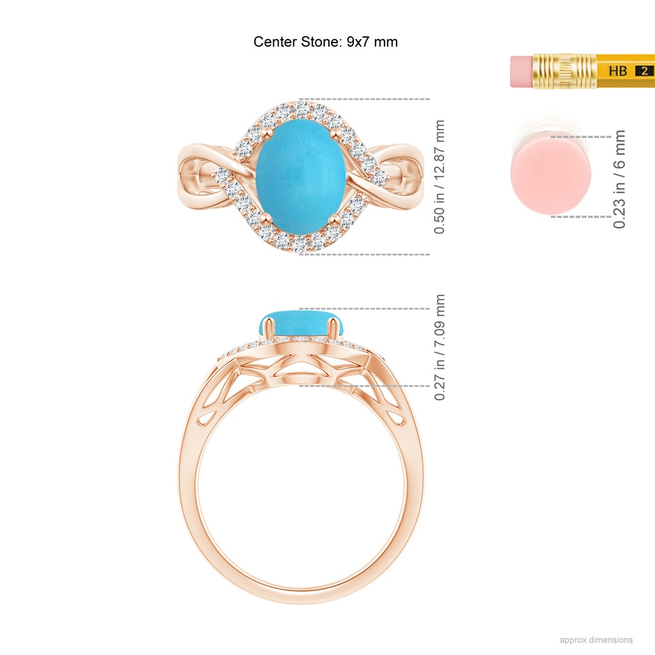 9x7mm AA Oval-Shaped Turquoise Entangled Split Shank Ring with Halo in Rose Gold ruler