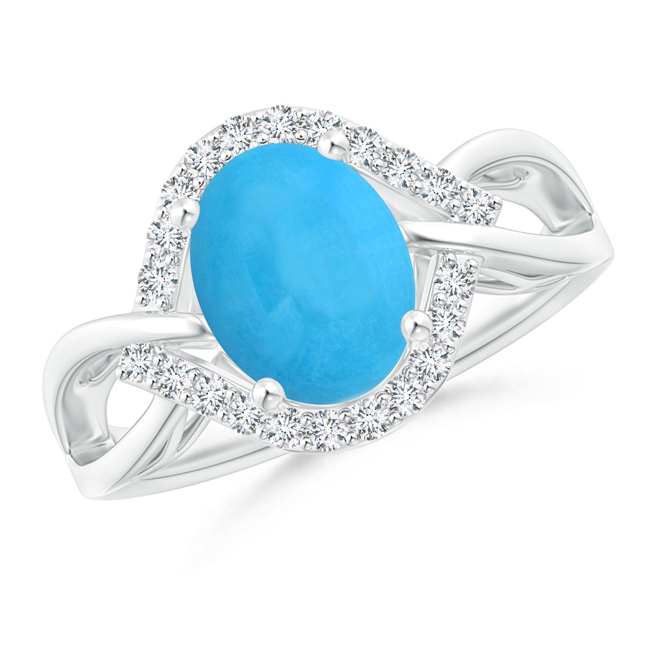9x7mm AAA Oval-Shaped Turquoise Entangled Split Shank Ring with Halo in White Gold 