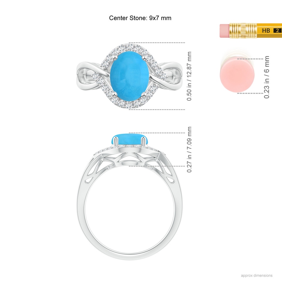 9x7mm AAA Oval-Shaped Turquoise Entangled Split Shank Ring with Halo in White Gold ruler