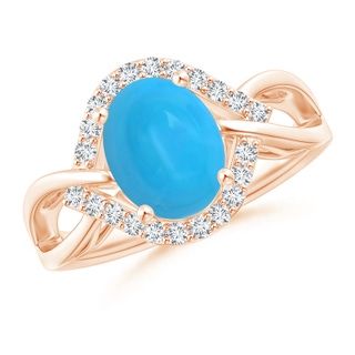 9x7mm AAAA Oval-Shaped Turquoise Entangled Split Shank Ring with Halo in Rose Gold