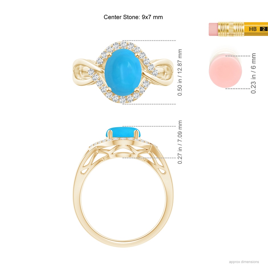 9x7mm AAAA Oval-Shaped Turquoise Entangled Split Shank Ring with Halo in Yellow Gold ruler