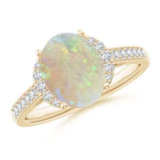 10x8mm AAA Classic Solitaire Oval Opal and Diamond Collar Ring in 9K Yellow Gold