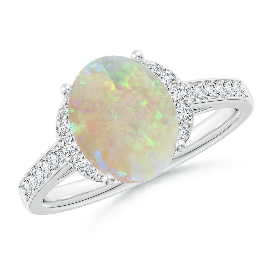 10x8mm AAA Classic Solitaire Oval Opal and Diamond Collar Ring in White Gold 
