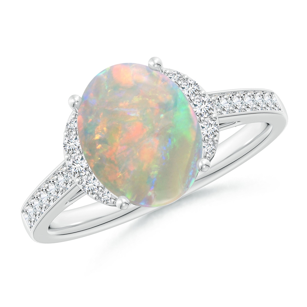 10x8mm AAAA Classic Solitaire Oval Opal and Diamond Collar Ring in White Gold