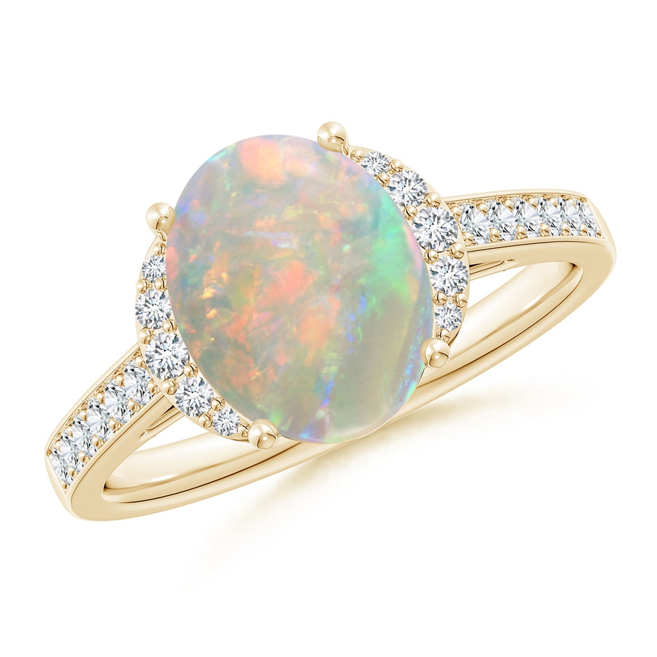 10x8mm AAAA Classic Solitaire Oval Opal and Diamond Collar Ring in Yellow Gold 