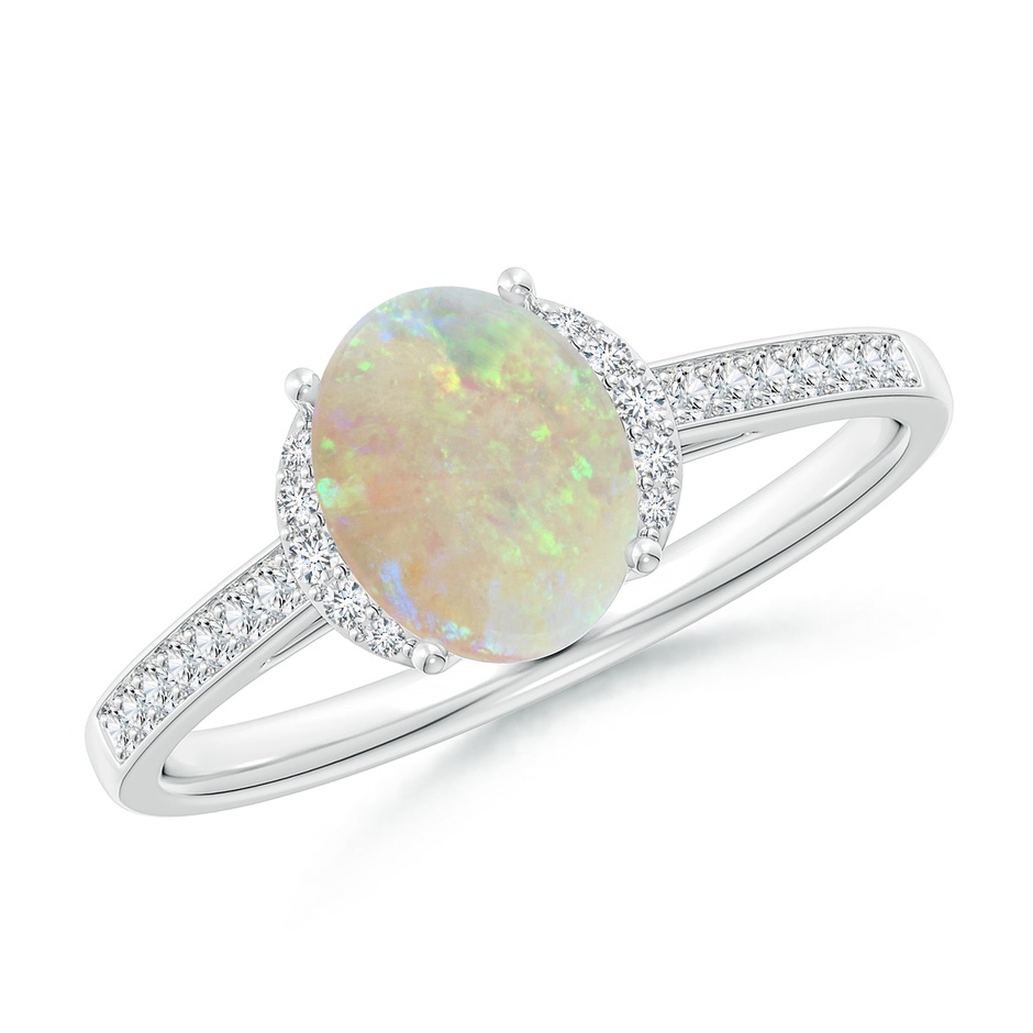 8x6mm AAA Classic Solitaire Oval Opal and Diamond Collar Ring in 9K White Gold 