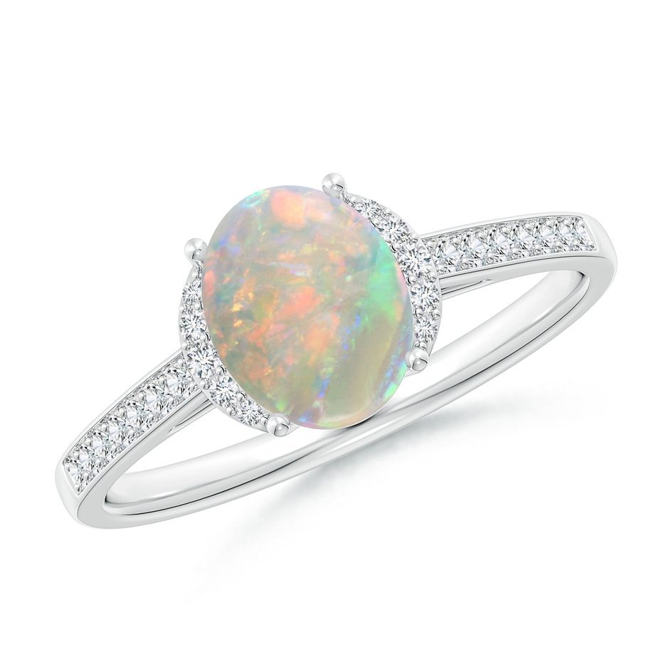 8x6mm AAAA Classic Solitaire Oval Opal and Diamond Collar Ring in White Gold 