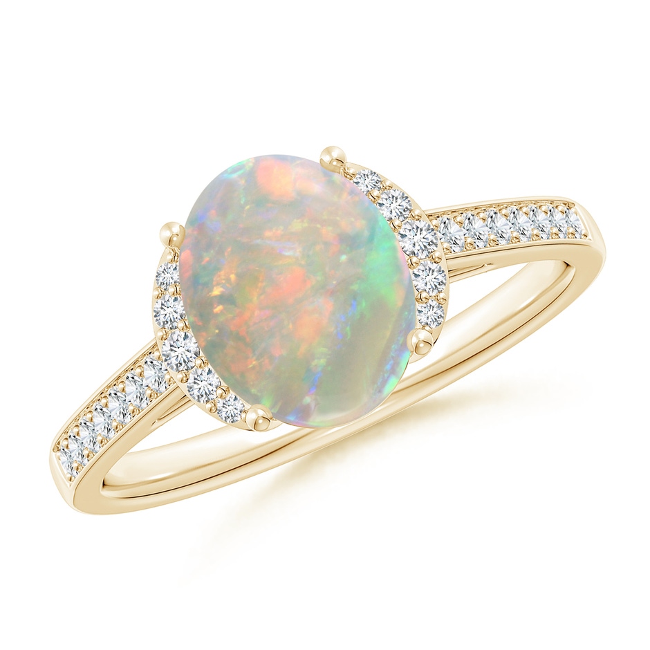 9x7mm AAAA Classic Solitaire Oval Opal and Diamond Collar Ring in Yellow Gold 