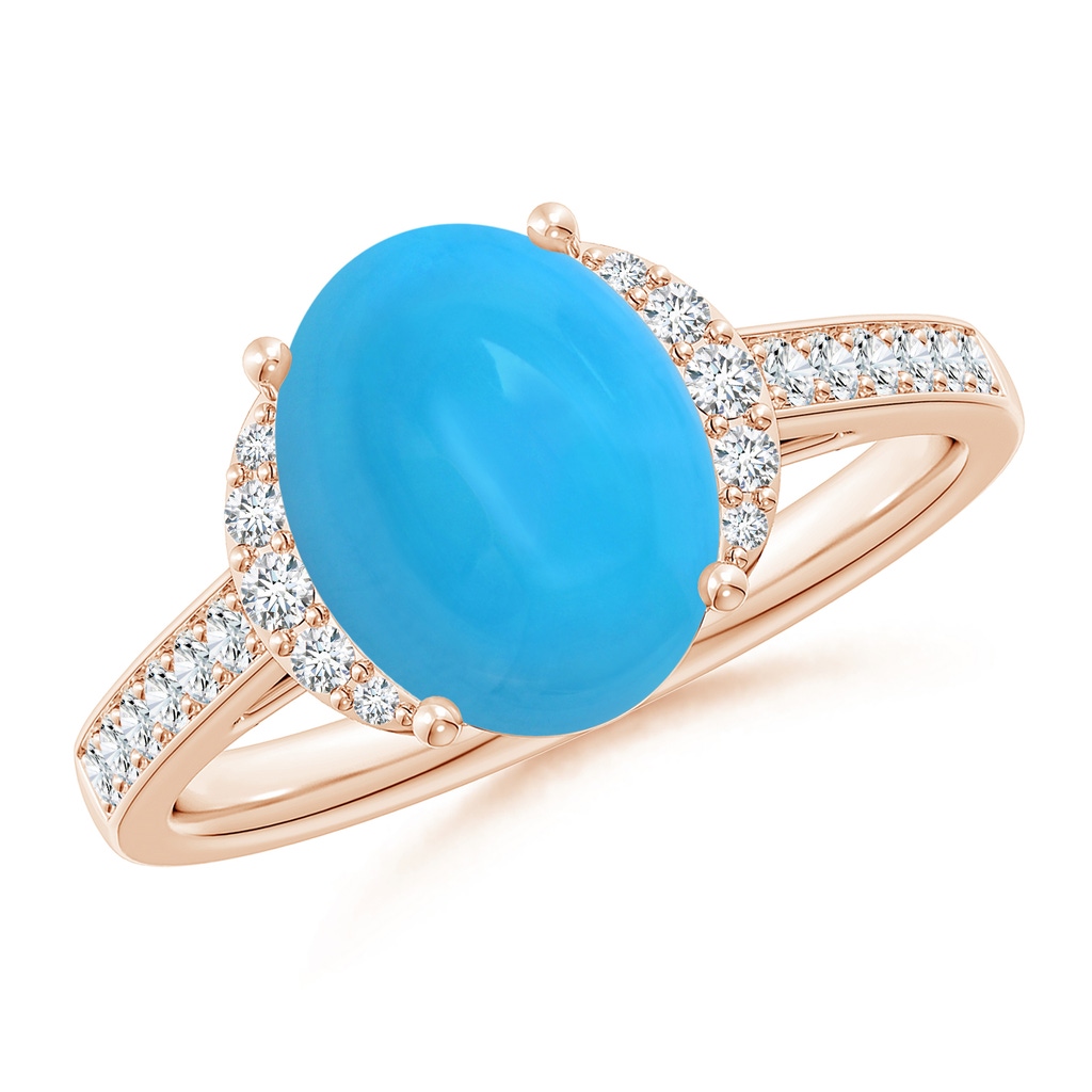 10x8mm AAAA Classic Solitaire Oval Turquoise and Diamond Collar Ring in Rose Gold