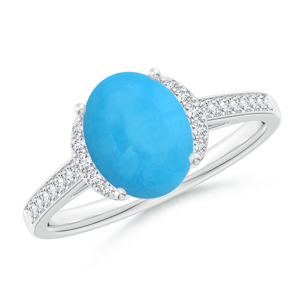 9x7mm AAA Classic Solitaire Oval Turquoise and Diamond Collar Ring in White Gold 