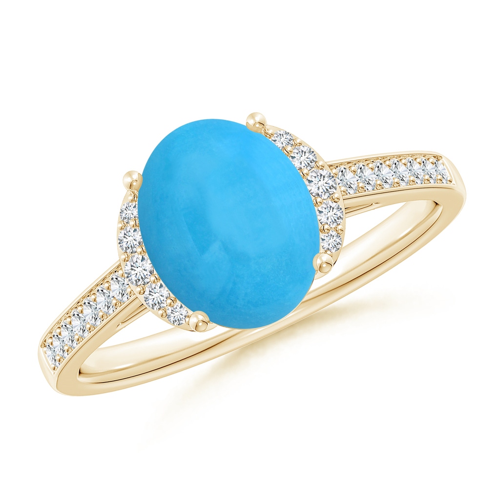 9x7mm AAA Classic Solitaire Oval Turquoise and Diamond Collar Ring in Yellow Gold