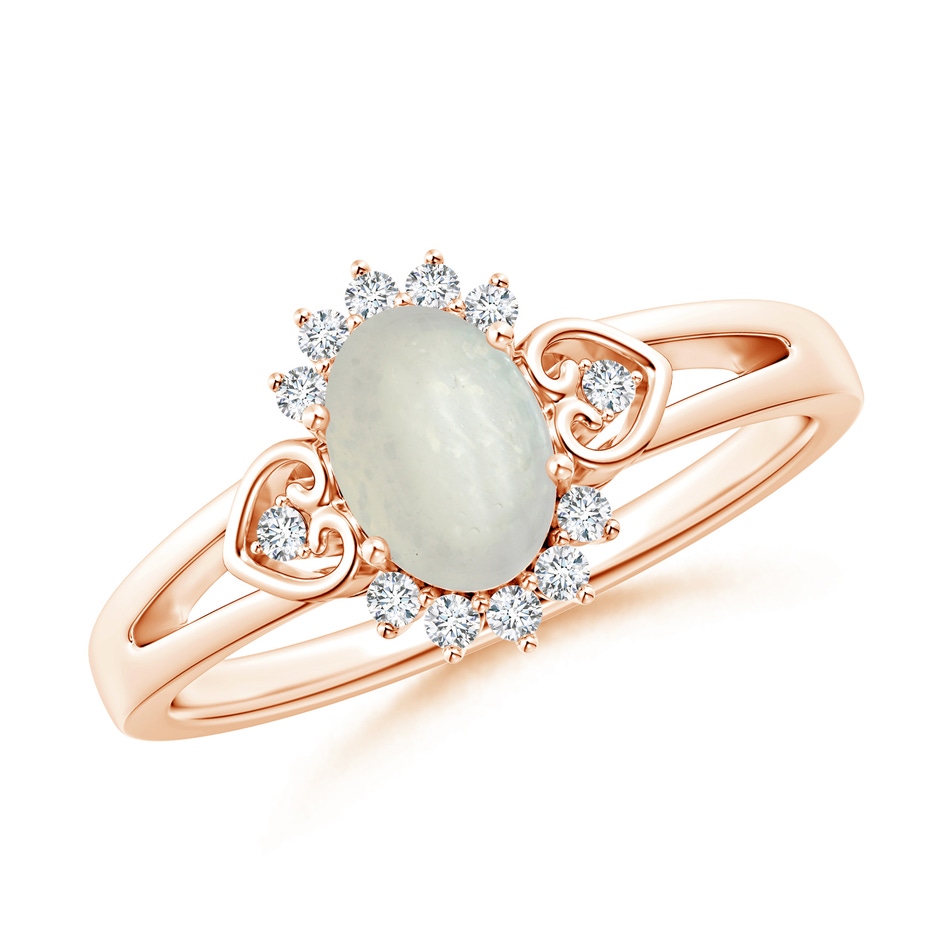 7x5mm A Vintage Inspired Oval Moonstone Halo Ring with Heart Motifs in Rose Gold 