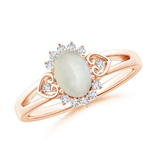 7x5mm AA Vintage Inspired Oval Moonstone Halo Ring with Heart Motifs in Rose Gold