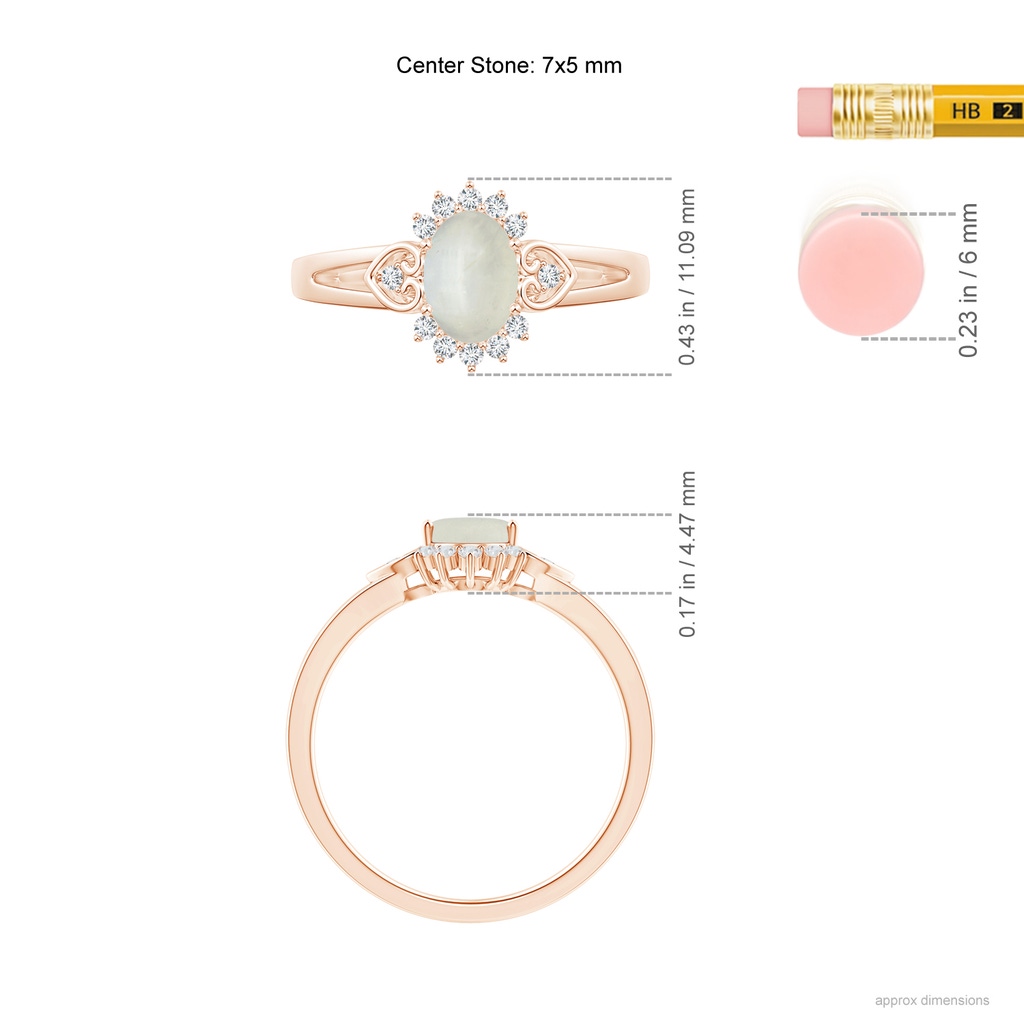 7x5mm AA Vintage Inspired Oval Moonstone Halo Ring with Heart Motifs in Rose Gold Ruler
