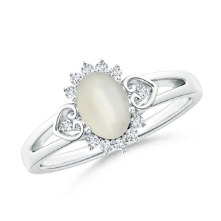 7x5mm AAA Vintage Inspired Oval Moonstone Halo Ring with Heart Motifs in White Gold