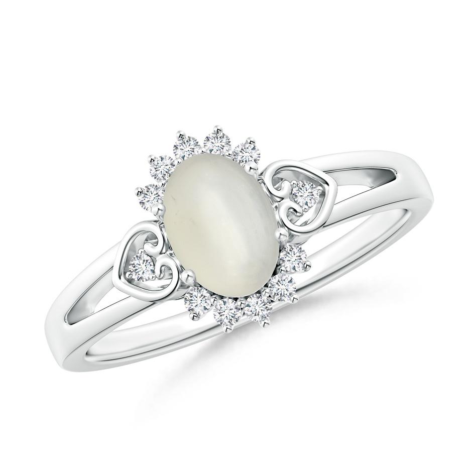 7x5mm AAA Vintage Inspired Oval Moonstone Halo Ring with Heart Motifs in White Gold 