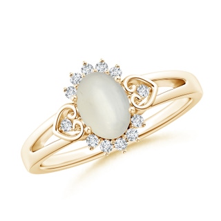 7x5mm AAA Vintage Inspired Oval Moonstone Halo Ring with Heart Motifs in Yellow Gold