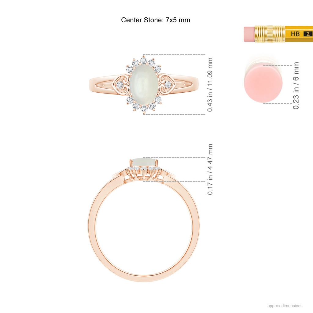 7x5mm AAAA Vintage Inspired Oval Moonstone Halo Ring with Heart Motifs in Rose Gold Ruler