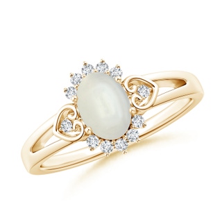 7x5mm AAAA Vintage Inspired Oval Moonstone Halo Ring with Heart Motifs in Yellow Gold