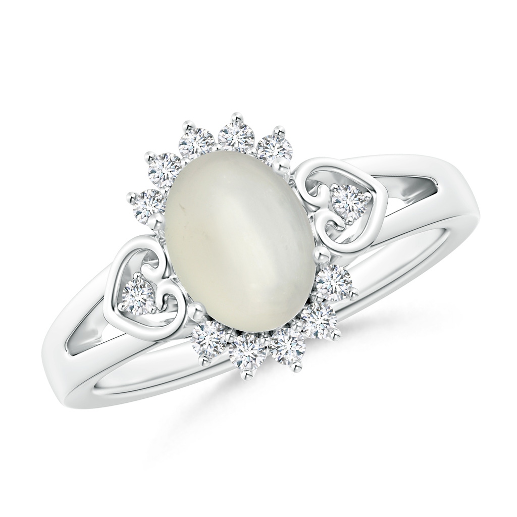 8x6mm AAA Vintage Inspired Oval Moonstone Halo Ring with Heart Motifs in White Gold