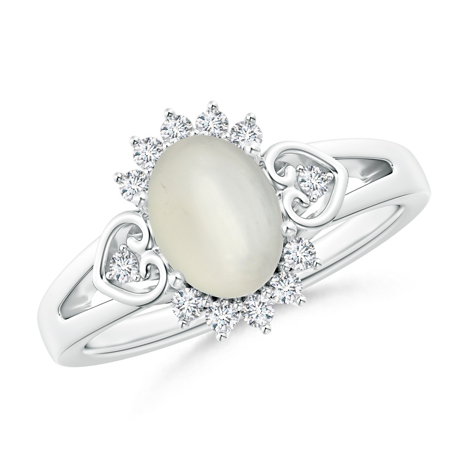 8x6mm AAA Vintage Inspired Oval Moonstone Halo Ring with Heart Motifs in White Gold 