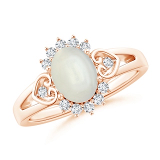 8x6mm AAAA Vintage Inspired Oval Moonstone Halo Ring with Heart Motifs in Rose Gold