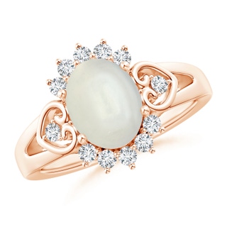 9x7mm AAAA Vintage Inspired Oval Moonstone Halo Ring with Heart Motifs in Rose Gold