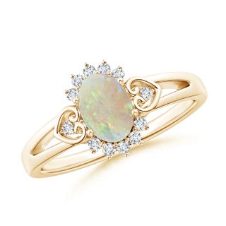 7x5mm AAA Vintage Inspired Oval Opal Halo Ring with Heart Motifs in 9K Yellow Gold